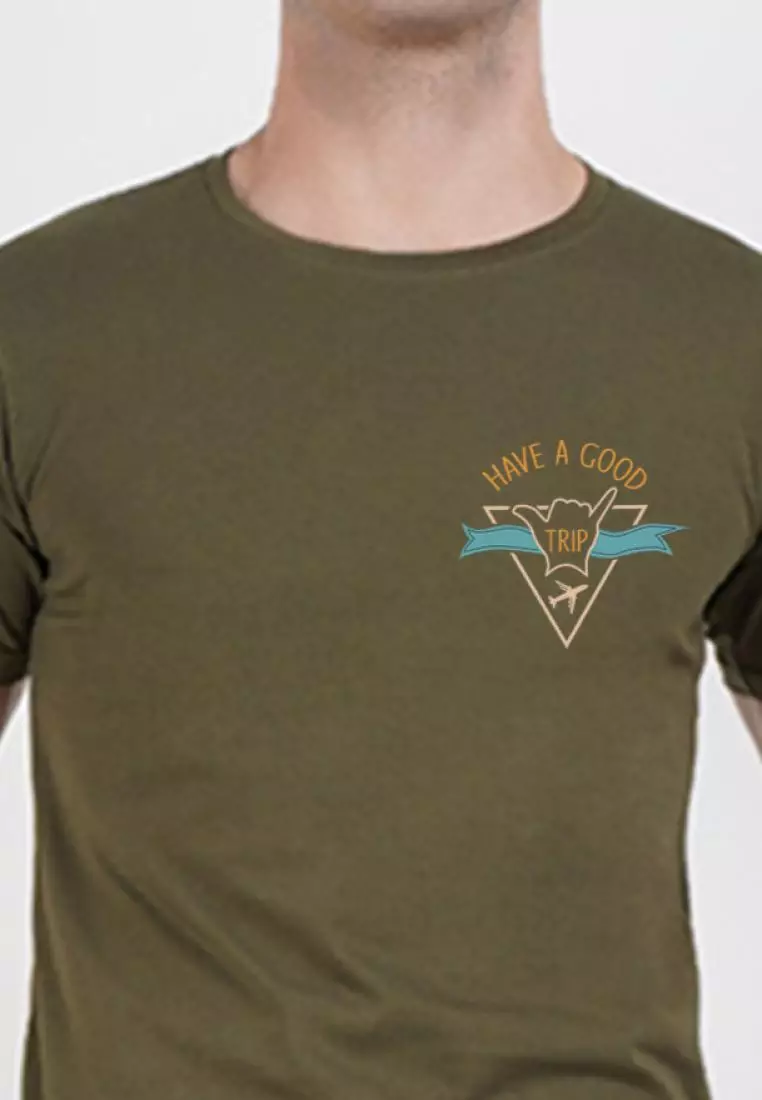 Have A Good Trip Olive Cotton Short Sleeve Crew Neck Regular Fit Tee
