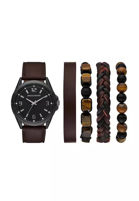 Brown Stackable Watch and Bracelet Set Brown Leather Strap Analog Watch SKC-SR9119