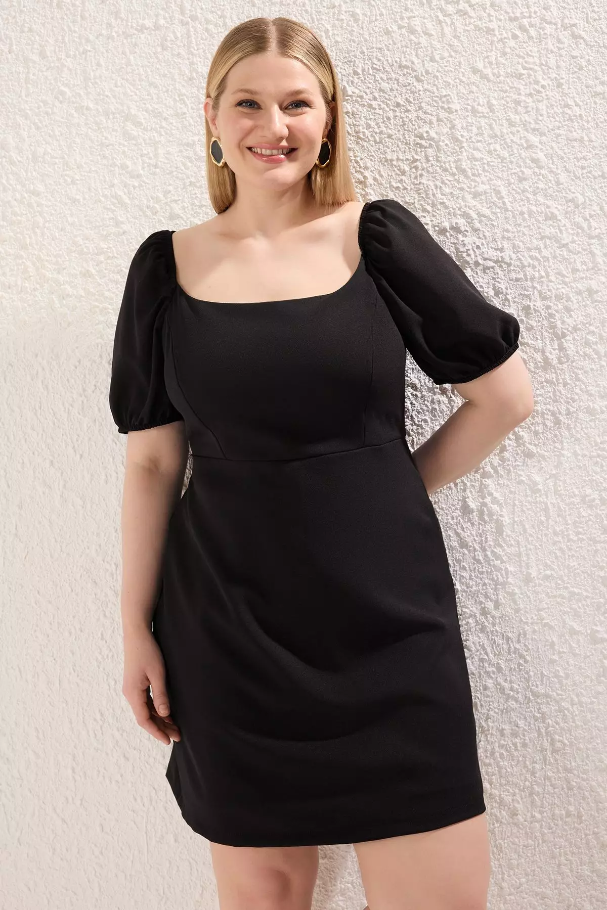 Square Neck Lining with Shorts Balloon Sleeves Woven Plus Size Dress