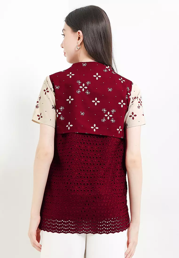 Blouse Batik Wanita Furing Kombinasi Lace Brukat Areeya Merah Maroon Lengan Pendek Natal Imlek Cheongsam