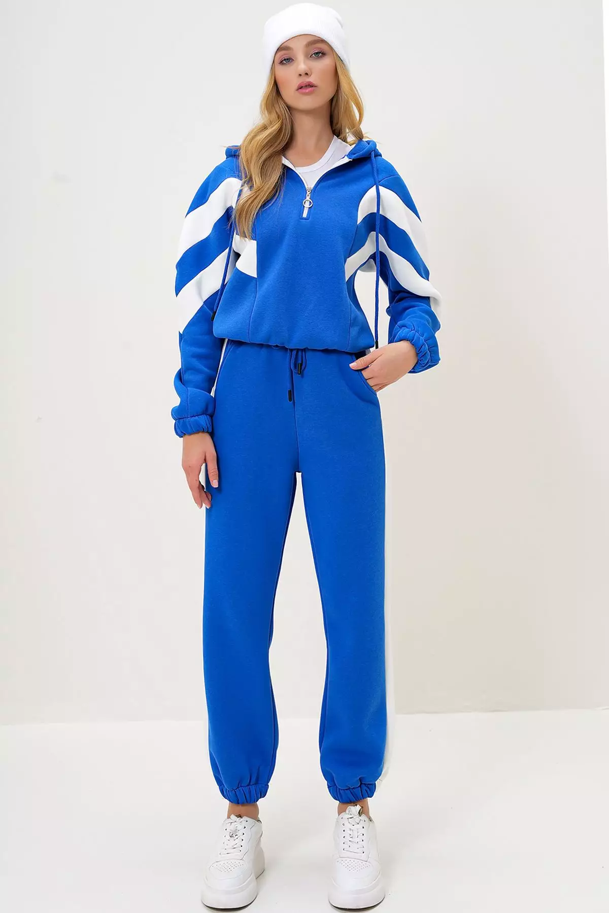 Women's Saks Hooded Half Zippered Sweatshirt and Elastic Leg Tracksuit Set