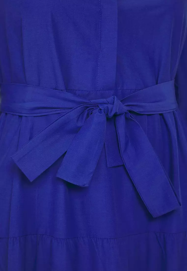 Plus Size Saxe Belted Judge Collar Button Detailed Woven Dress Tctss25Eb00150