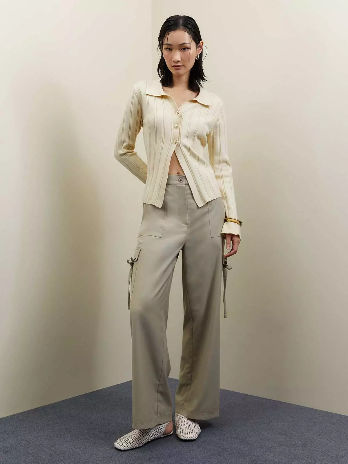 Bow Cargo Pants - Beige