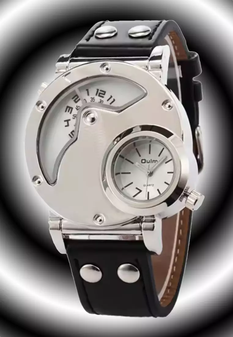 Very Large Men's Quartz Watch - 50x50mm - Stainless Steel Watch Case, White Dial, Black Leather Strap