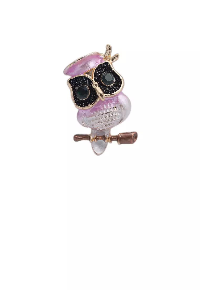 Simple and Lovely Plated Gold Enamel Pink Owl Brooch with Cubic Zirconia