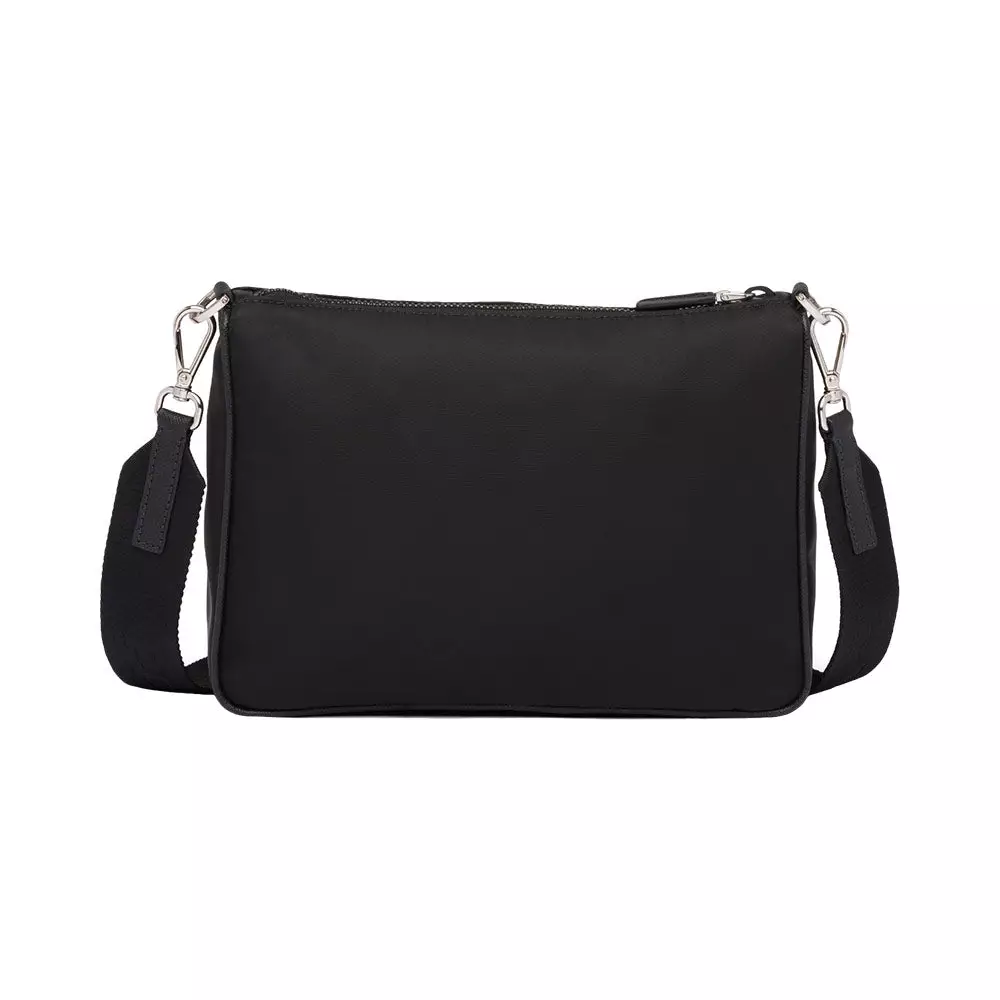 Triangular Logo Nylon and Saffiano Leather Shoulder Bag Black
