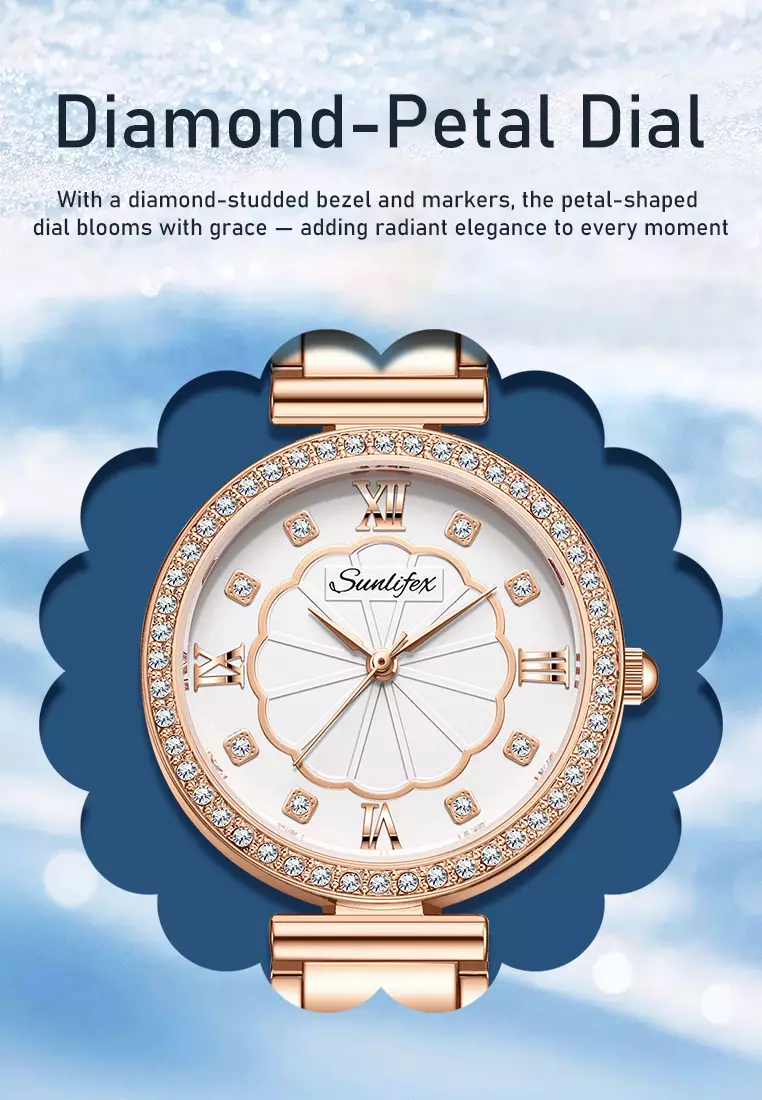 Jam Tangan Wanita 6032 Kuarsa Tali Stainless Steel Berlian Anggun Santai Jam Tangan Cewek white