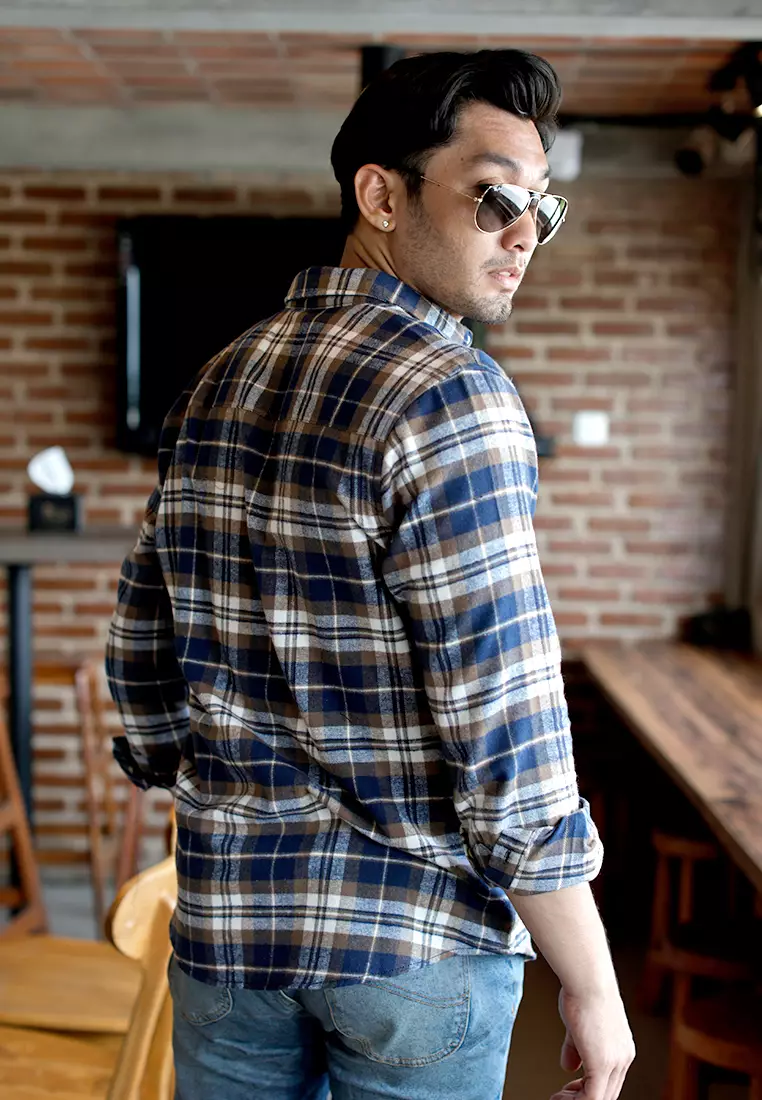 OXCON Extra Comfort Authentic Flannel Shirt Navy Brown White