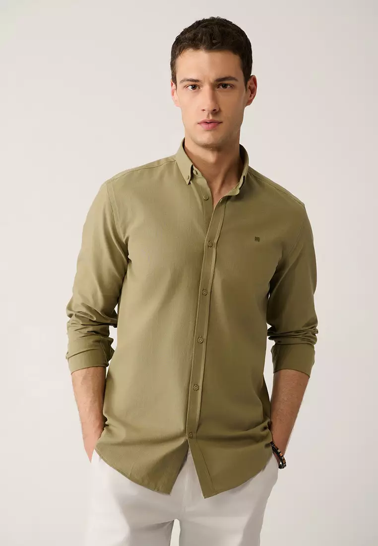 Men's Khaki Button-Down Collar 100% Cotton Linen Textured Shirt E002141