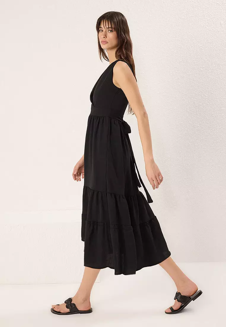 Black Plain Skirt Waist Opening Double Breasted Midi Woven Dress TWOSS25EL00201