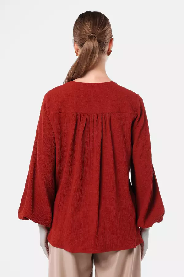 MINIMAL - Tricledot - Blouse V-Neck Lengan Balon - Red Colour Red
