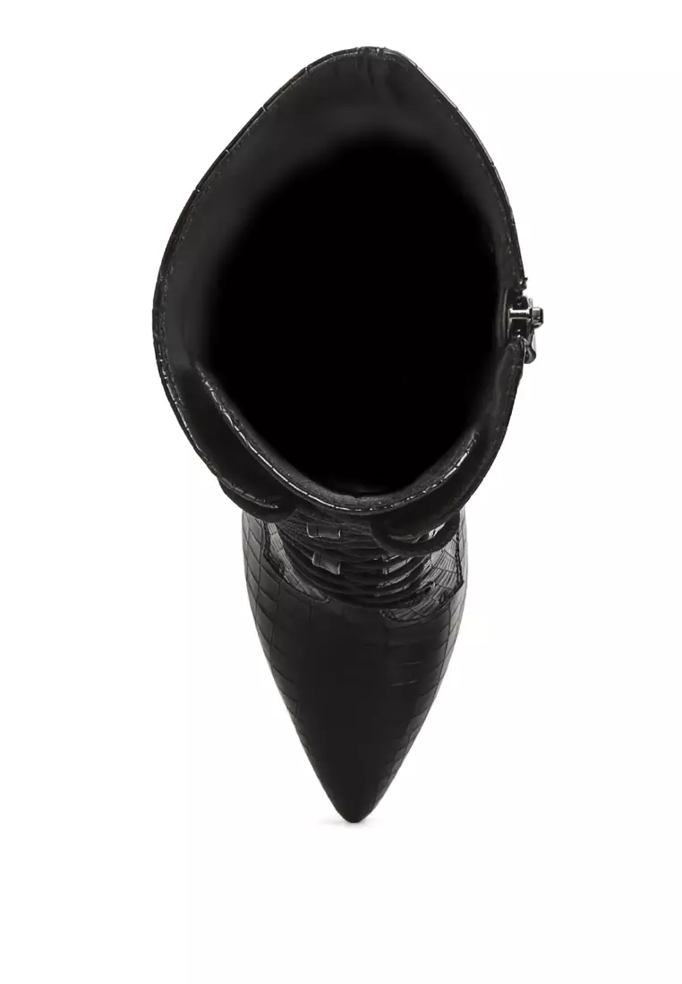 Croc Textured Over The Ankle Boots in Black