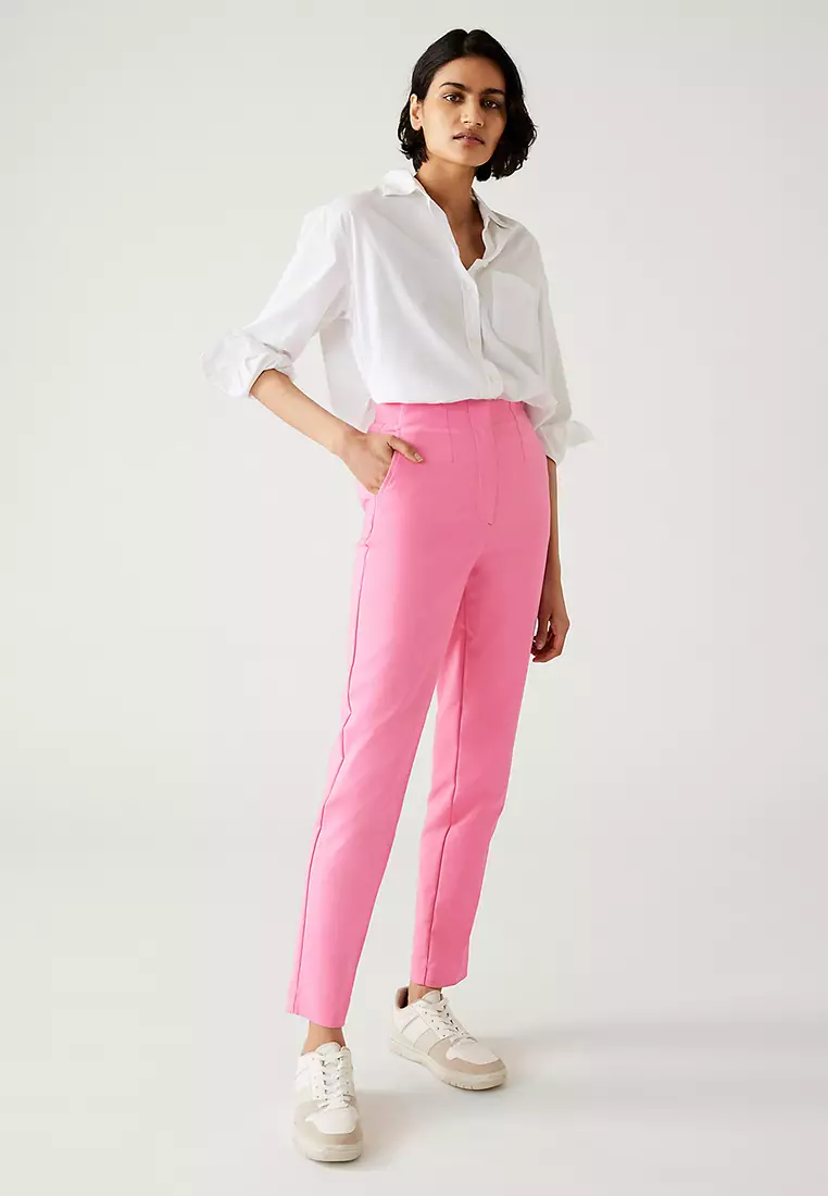 Cotton Blend Slim Fit Ankle Grazer Trousers