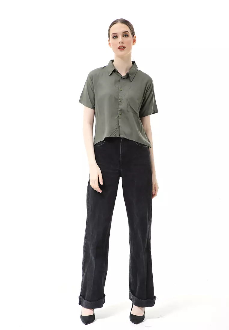 Melinda Kemeja Crop Top Atasan Wanita Motif Polos Relaxed Fit - Army