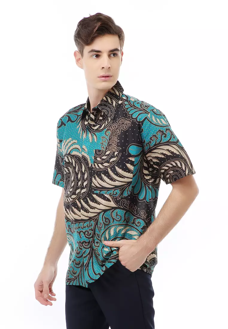 Kendrick Atasan Formal Kemeja Batik Pria Slim Fit Eye Motive Sleeve Material Cotton ORIGINAL - Blue