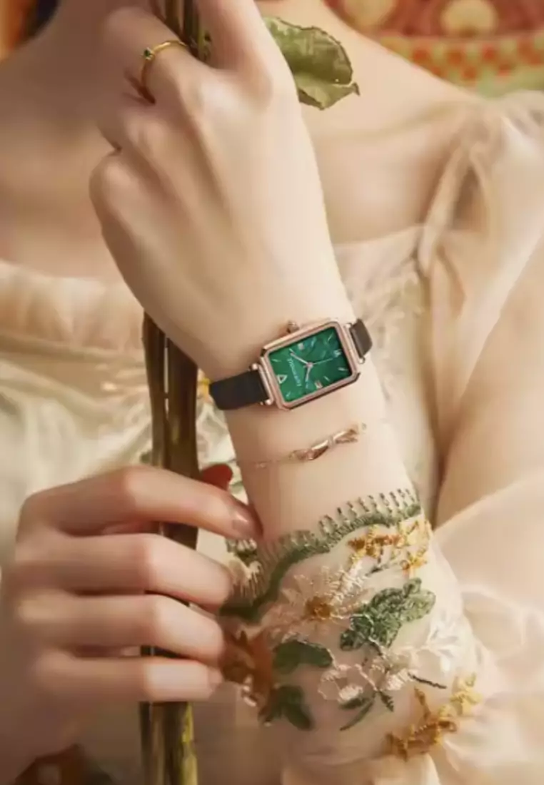 Ladies IP Rose Gold and Stainless Steel Quartz Watch, 32mm Watch Case Height, Leather Strap, Malachite Dial