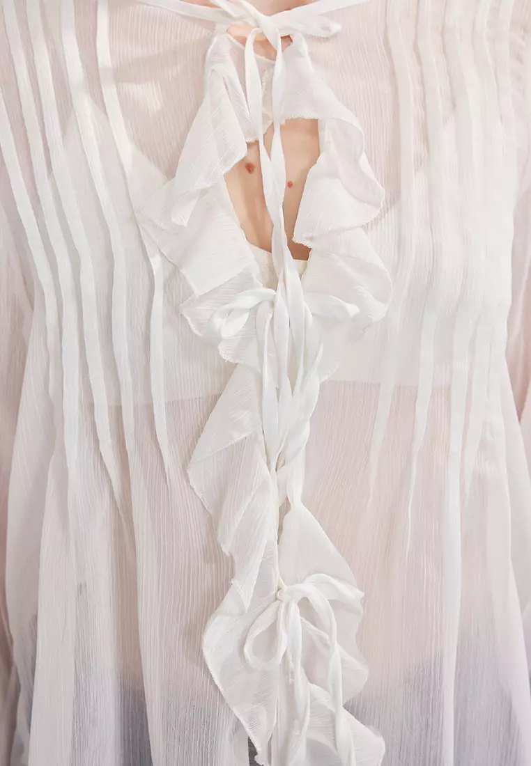 White Ruffle Detail Crew Neck Shirt TWOSS25GO00141