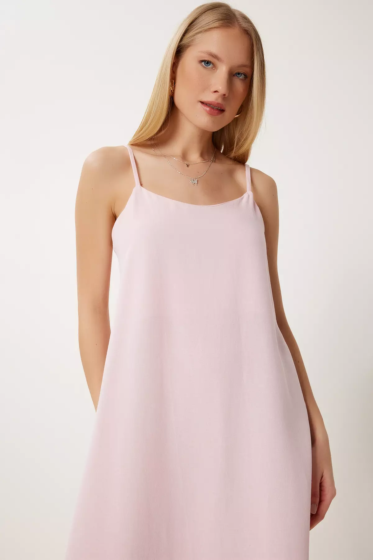 Women's Candy Pink Linen Blend Strap Summer Dress Hf00474