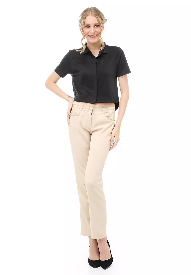 Holly Atasan Kasual Wanita Top Kemeja Crop Lengan Pendek Double Placket Material Cotton ORIGINAL - Black