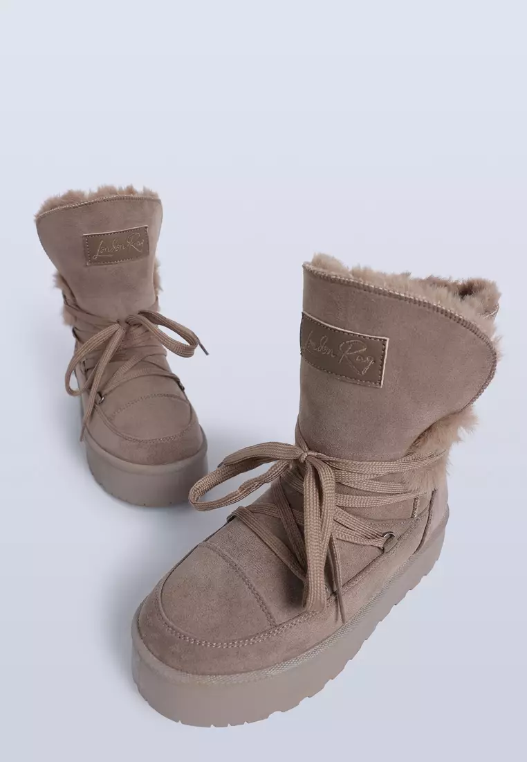Sepatu Salju Bulu Palsu Tebal Warna Taupe