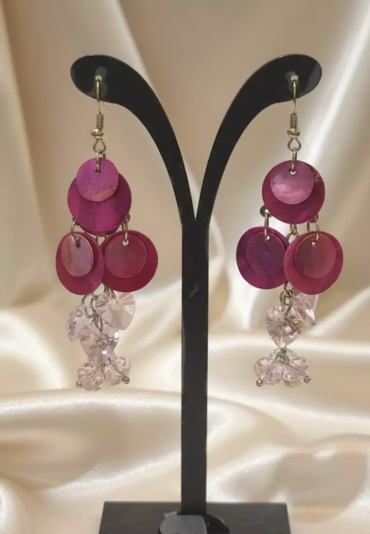 Aksesoris Anting Wanita Shells Rounds & Crystals Beads Earring Pink