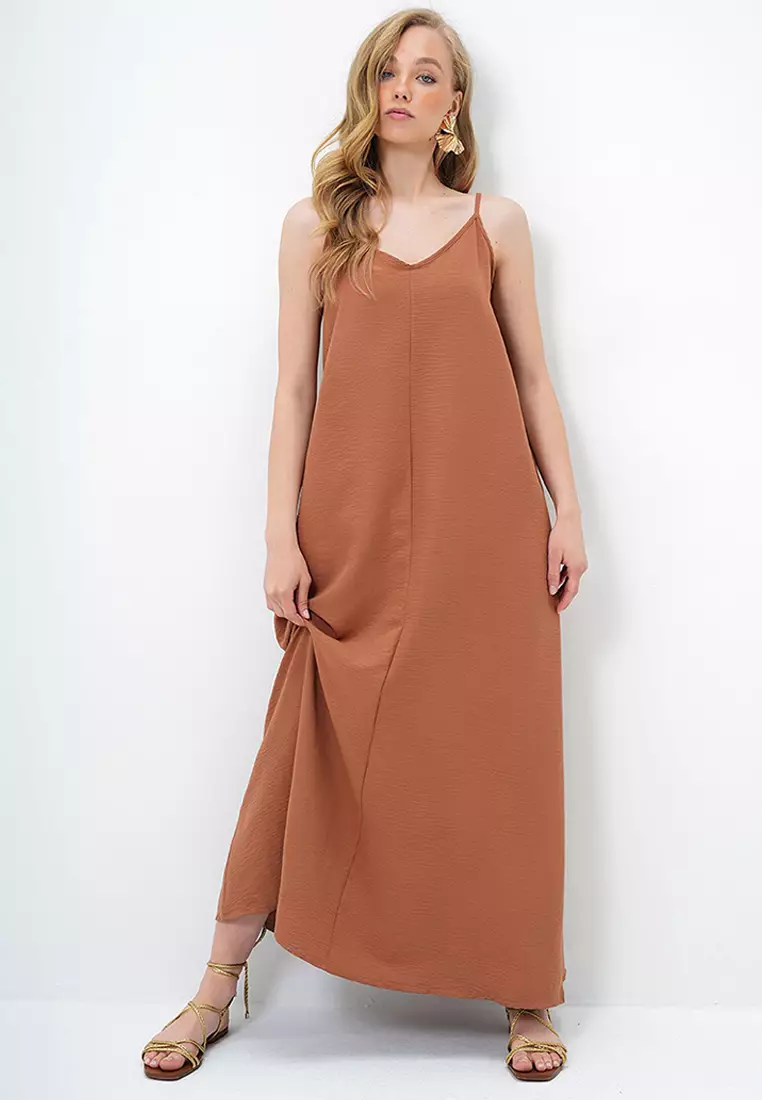 Women's Brown Adjustable Strap V-Neck Aerobin Summer Dress Alc-X14067