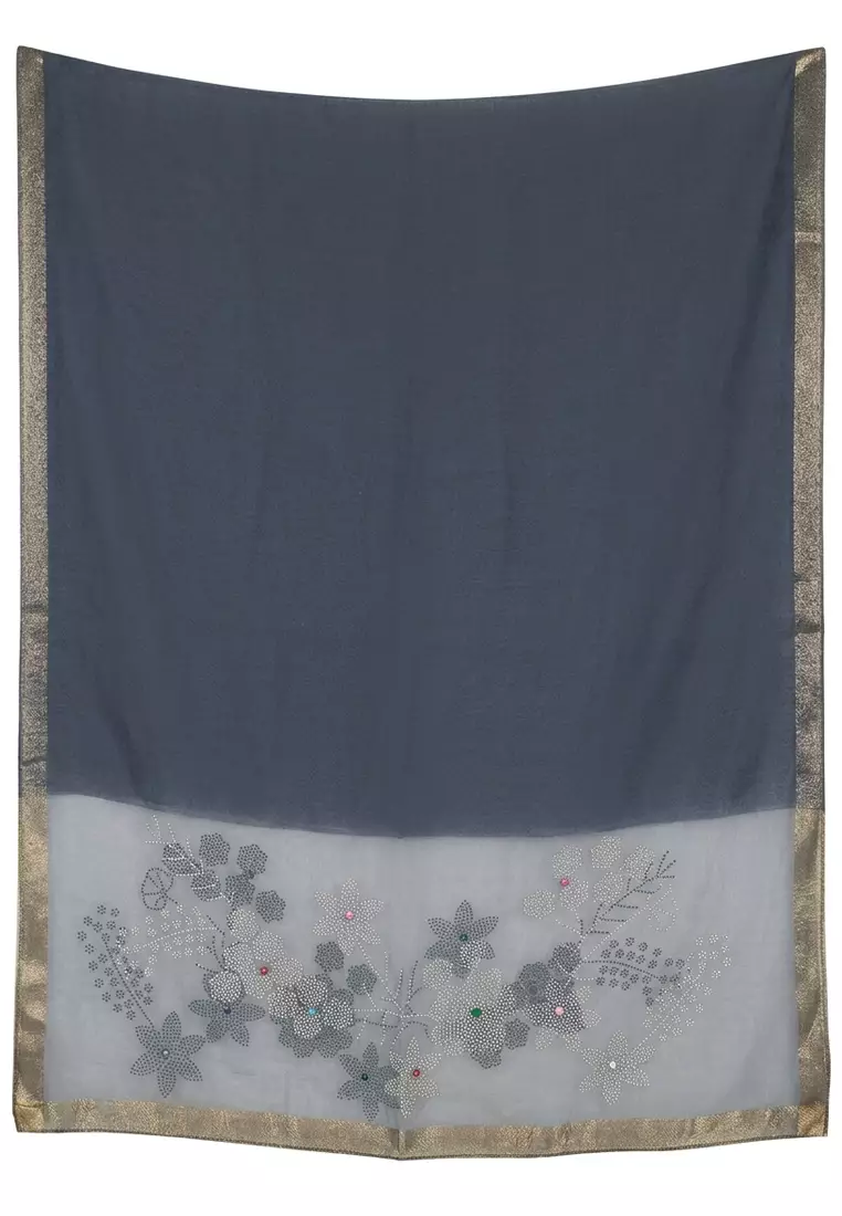 Aksesoris Syal Pesta Wanita Floral Pattern Studs Embellish Silk Shawl Syal Sutra Wanita Evening Shawl Navy 