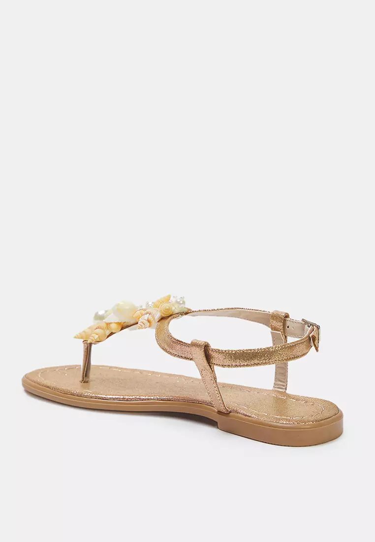 Bronze Sea Conch Pearl Detailed Flip Flops Women Stylish Sandals Takss25Sd00008