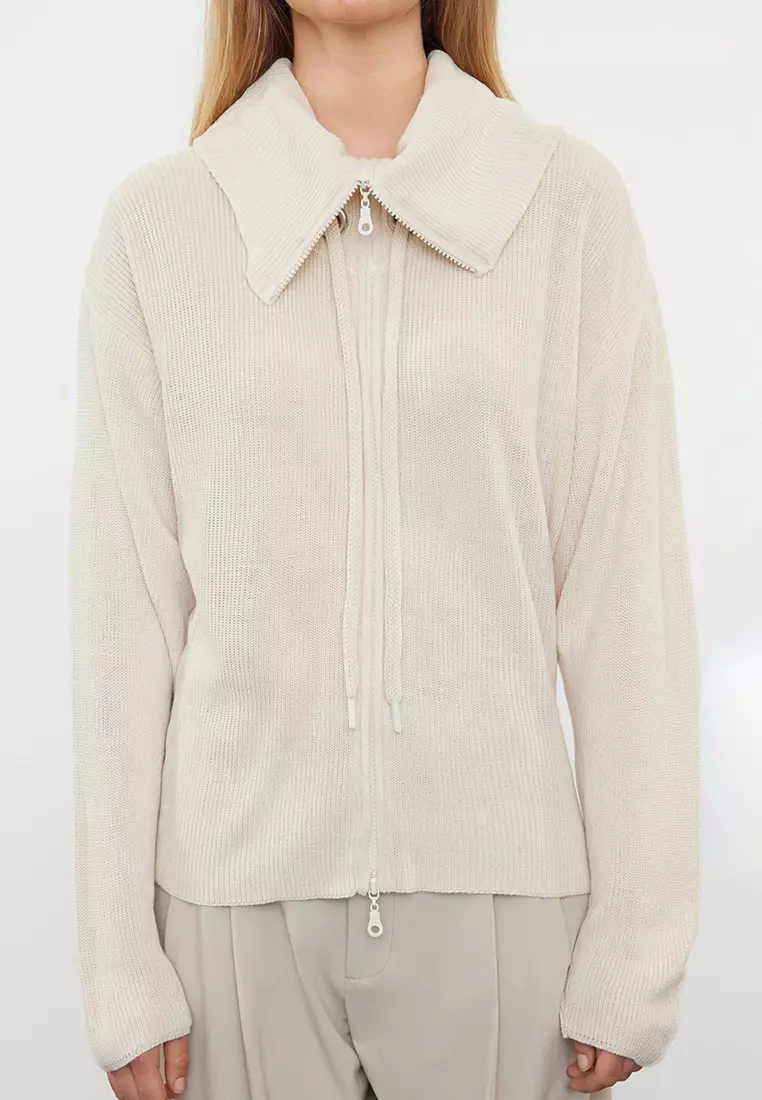 Stone Wide Pattern Zipper Detailed Knitwear Cardigan Twoaw23Hi00189