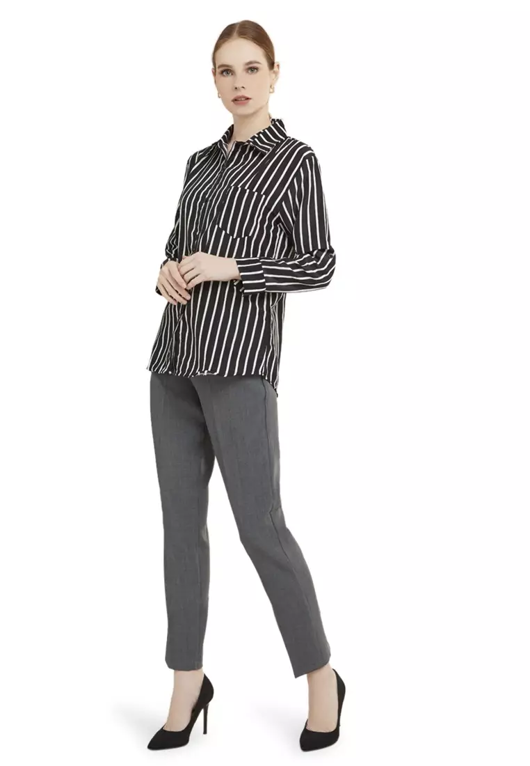 Kemeja Salur Dual Tone Color Baju Atasan Wanita Lengan Panjang Regular Fit - Black