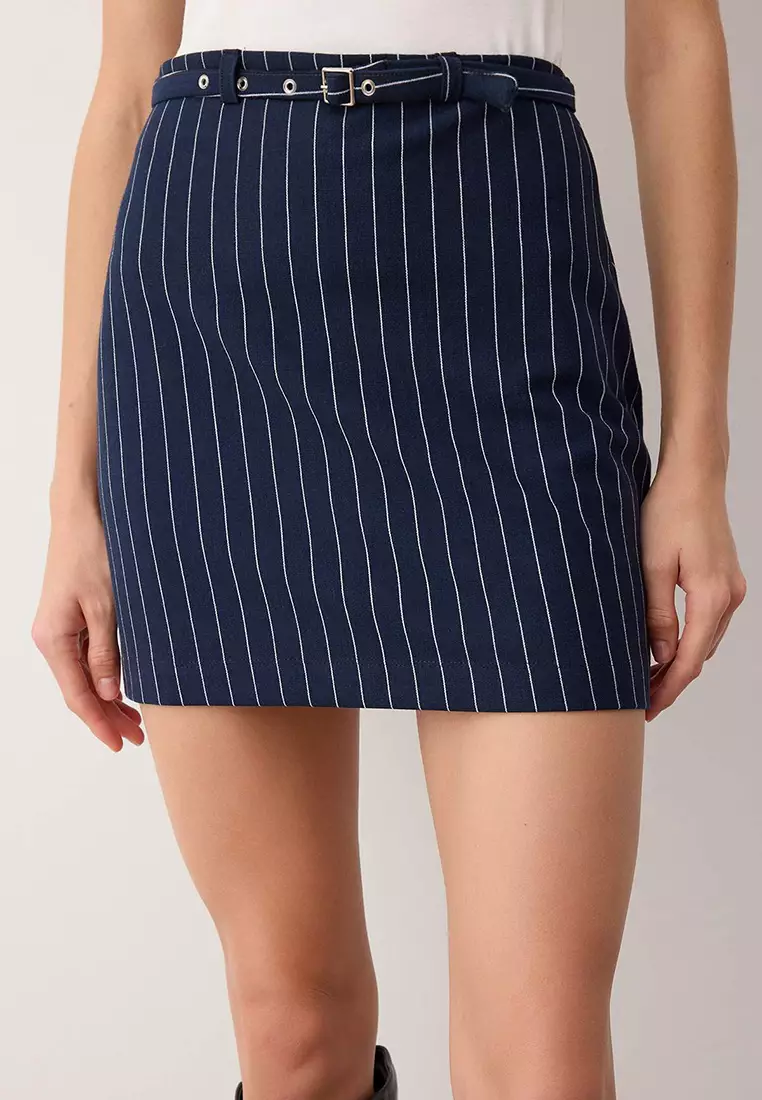 Striped Belt Detailed A-Line Knitted Mini Skirt