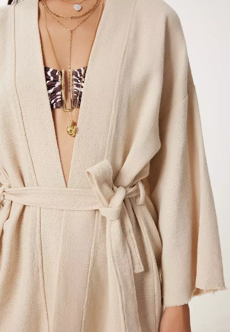 Women's Cream Belted Raw Linen Kimono Bv00175