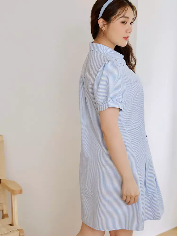 Vertical Striped Puff Sleeve Pleated Shirt Dress [DA10094]