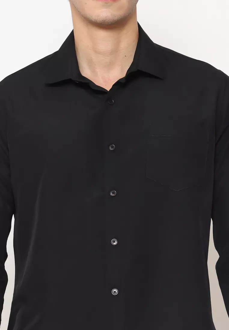 MAGINOT Kemeja Pria Basic Polos Panjang BLACK