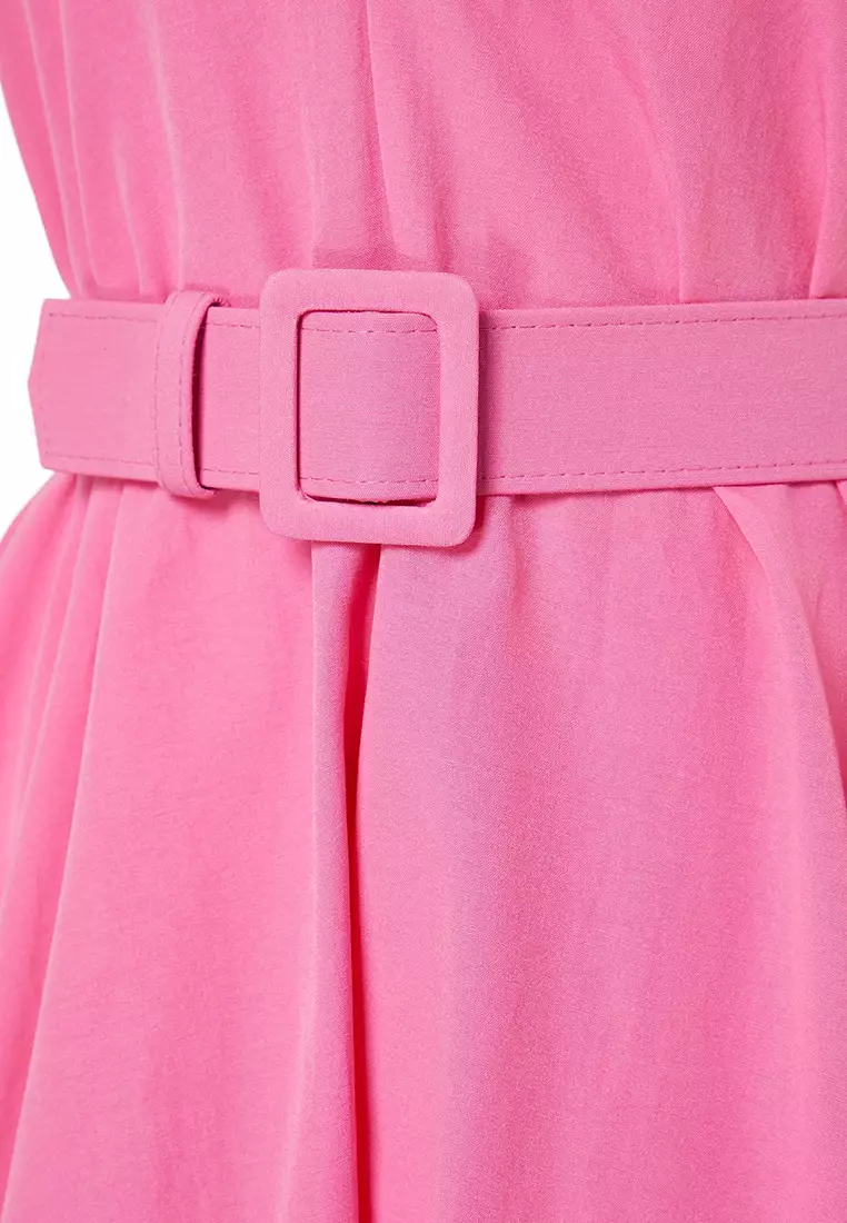 Balloon Poplin Evening Dress Belt Detailed