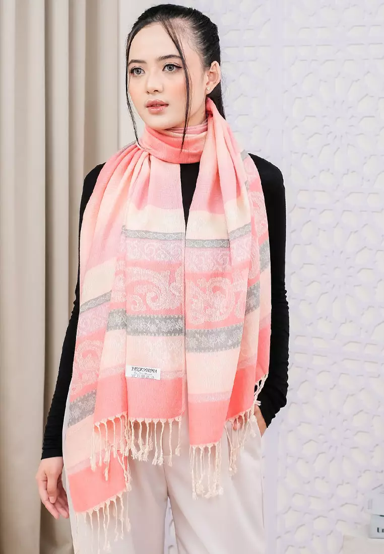 Aksesoris Wanita Reversible Viscose Multicolour Vintage Pattern Pashmina Shawl Syal Wanita Coral blush