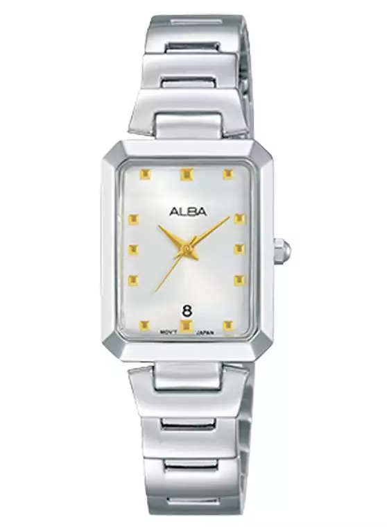 Jam Tangan Wanita Alba Classic AH7Q89 AH7Q89X1 Strap Stainless Steel Silver Color Quartz Watches White Dial Gold Color