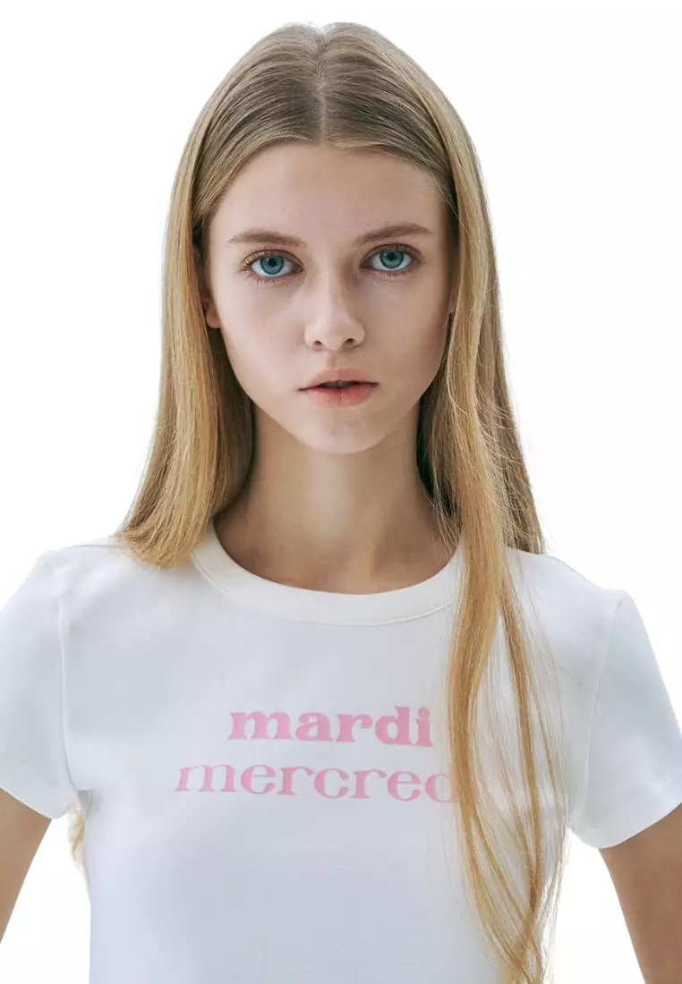 Cropped Fitted Tshirt Double Logo - Ivory Pink