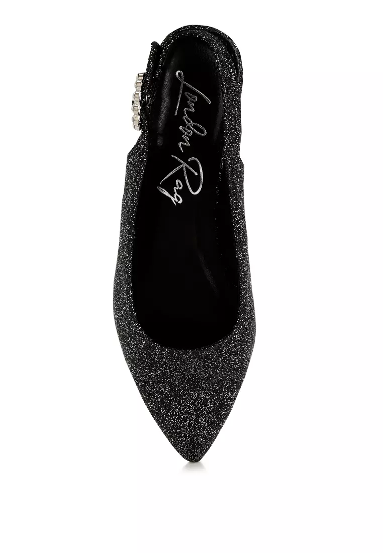 Glitter Slingback Flat Sandals in Black