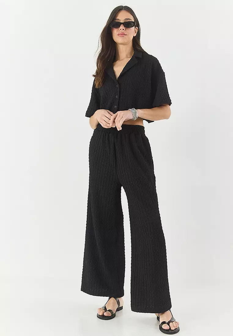 Women's Seersucker Crop Jacket Elastic Waistband High Waist Pants Top And Bottom Set 9313 60281043