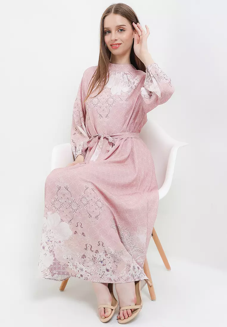 L/S Flo Print Highneck Dress W/ Belt