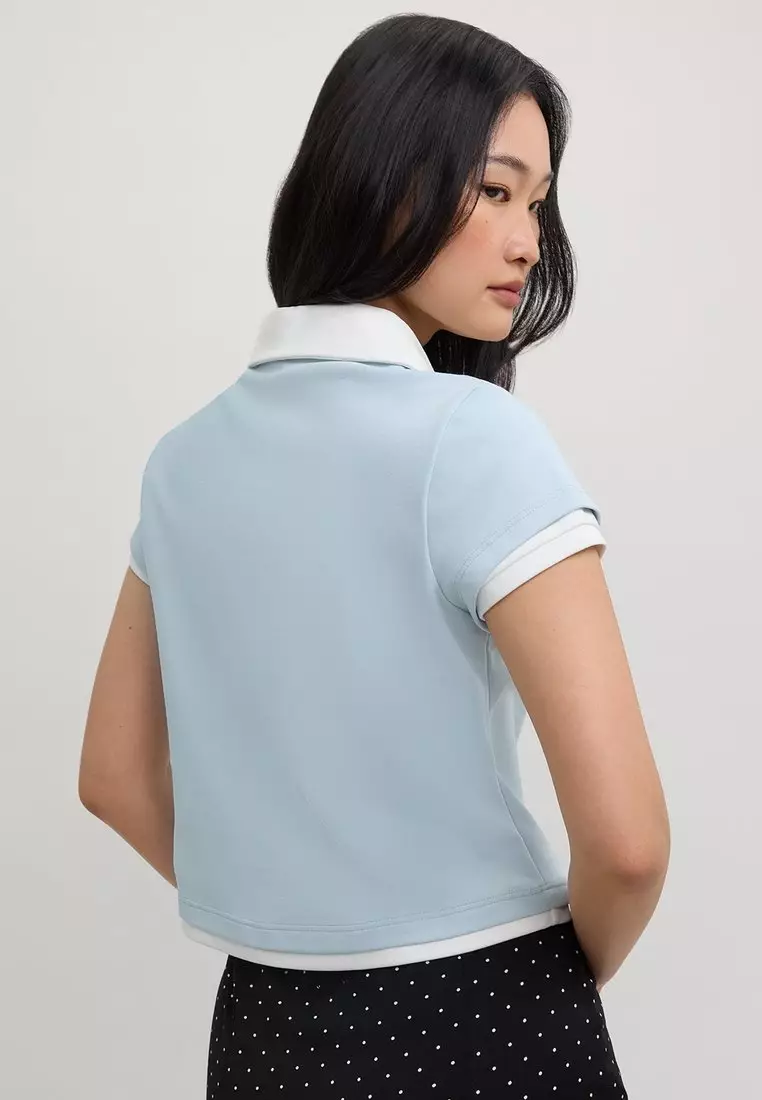 Contrast Collar Polo Crop Top - Blue