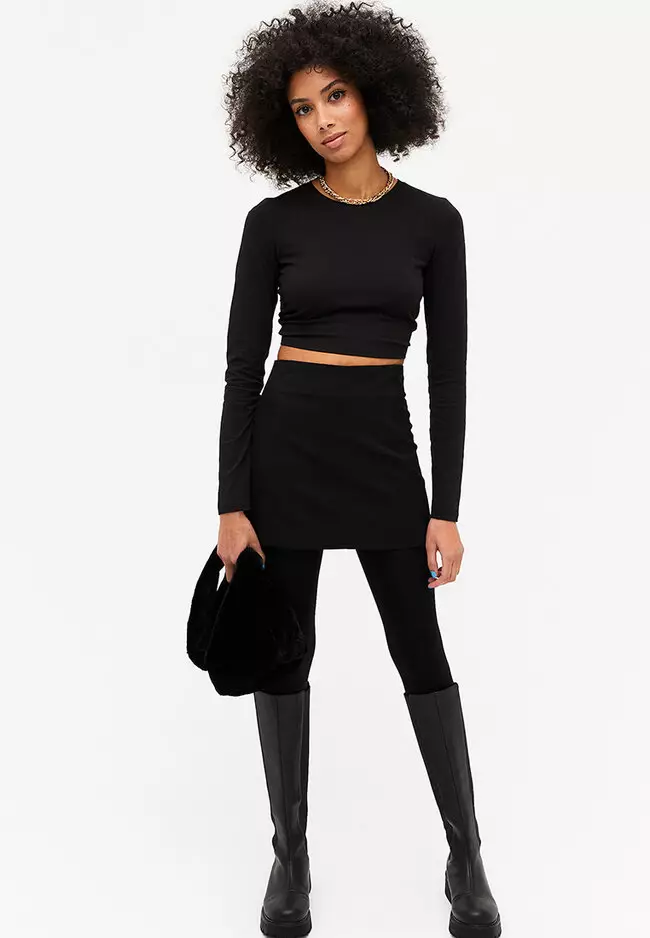 Buy Monki Long Sleeve Crop Top With Cut Out Back in Black Dark