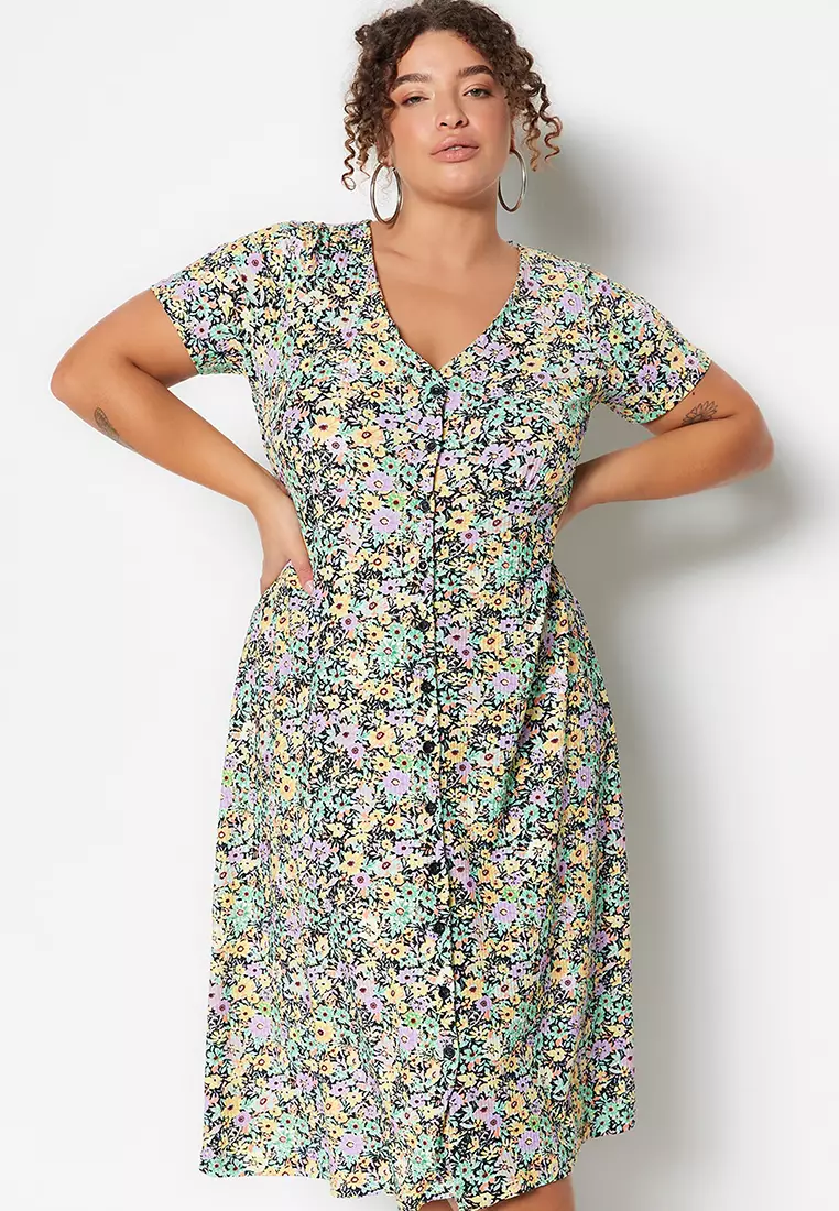 Plus Size Floral Pattern Midi Dress