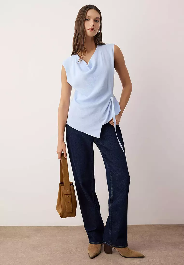 Light Blue Mercerized-Look Asymmetric Cowl Neck Knitted Thin Blouse