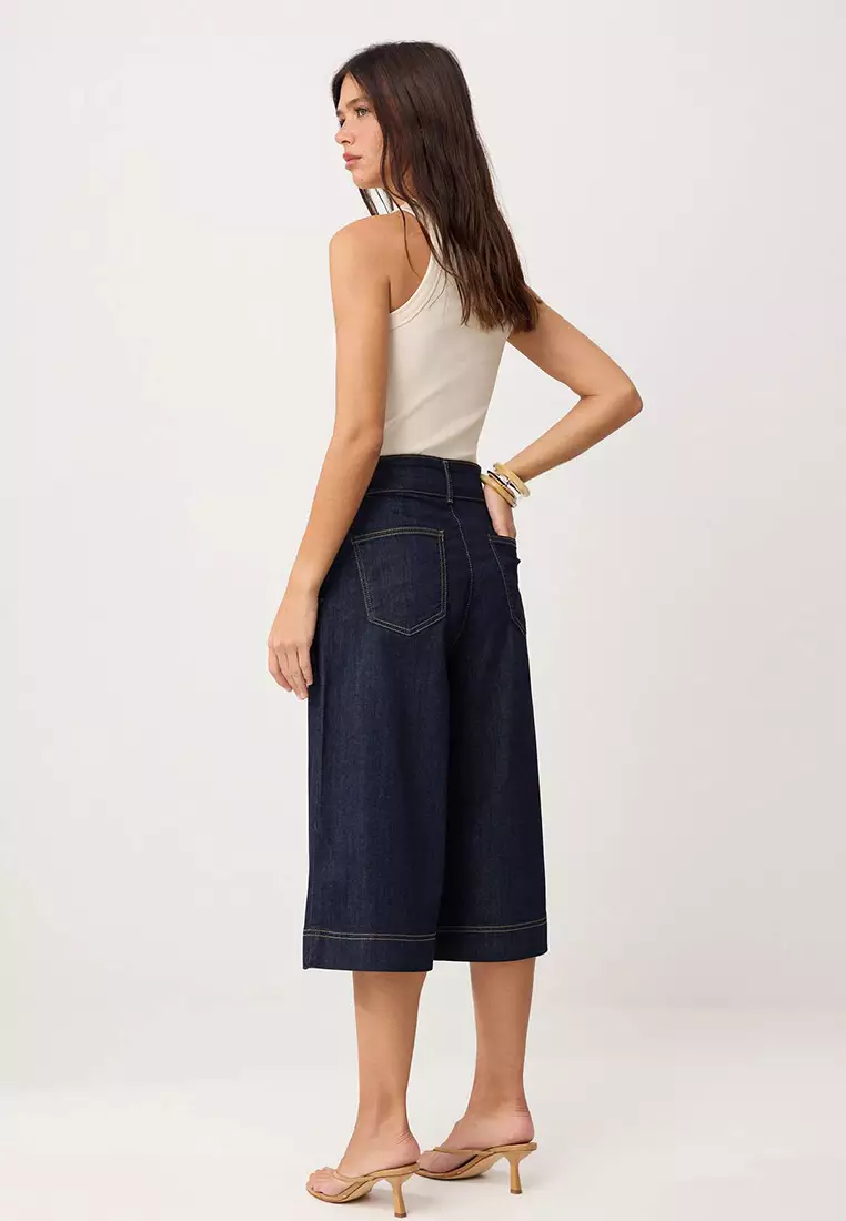 Dark Blue High Waist Wide Leg Capri Jeans Twoss26Je38