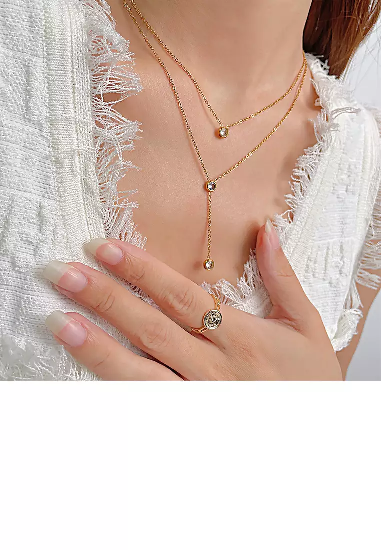 Fashion and Simple Plated Gold 316L Stainless Steel Geometric Ball Bead Tassel Pendant with Cubic Zirconia and Necklace