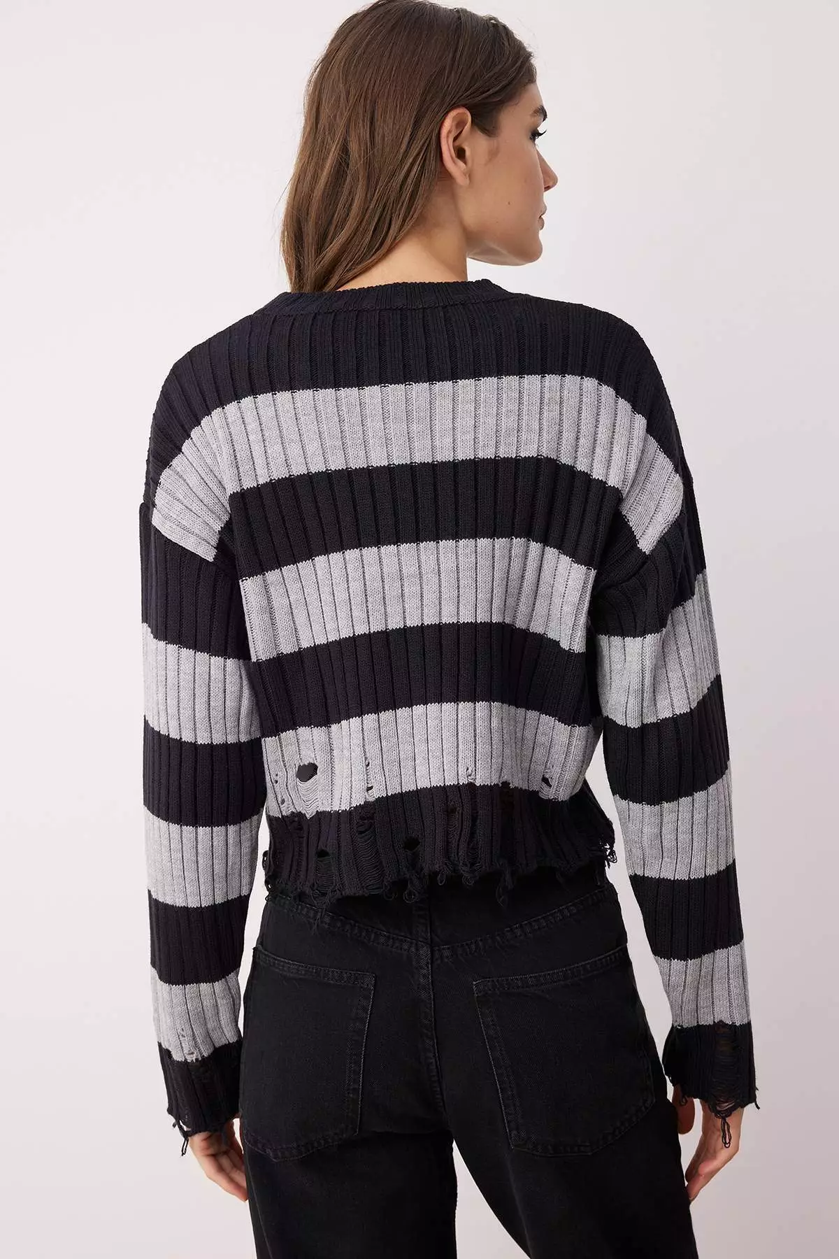 Navy Blue Crop Wide Fit Striped Pullover Sweater