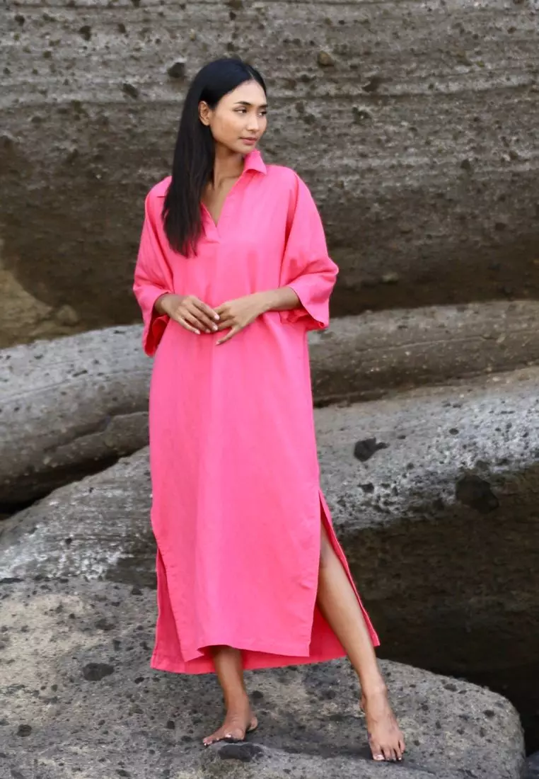 Alexandria Dress Kaftan Linen Wanita Pink | Linen Kaftan Dress Women Pink