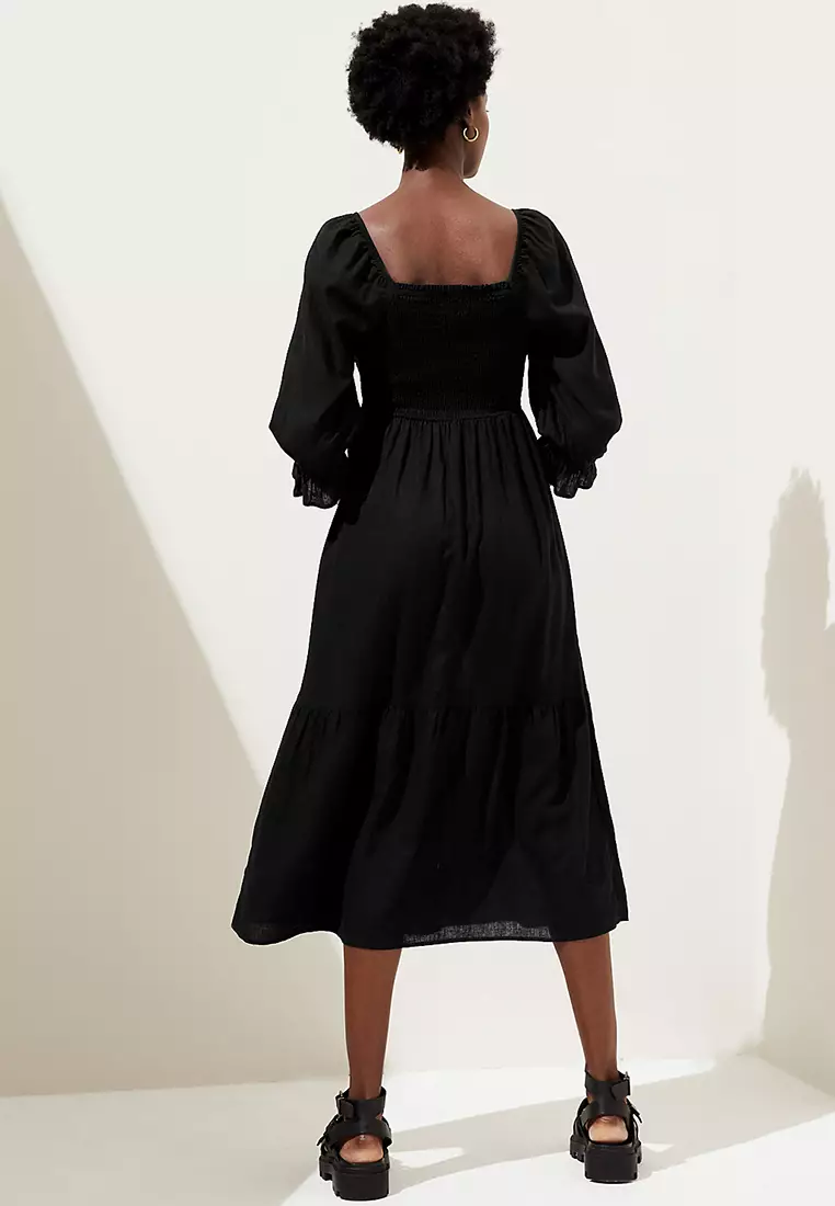 Linen Blend Square Neck Shirred Midi Dress